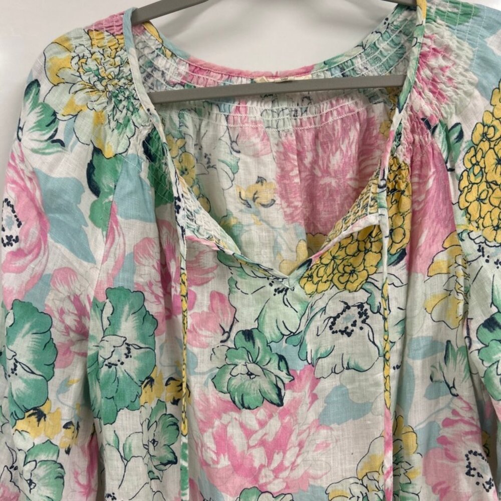 Charter Club 100% Linen Floral Peasant Top Cottagecore Boho Blouse Pastel size L - Picture 5 of 12